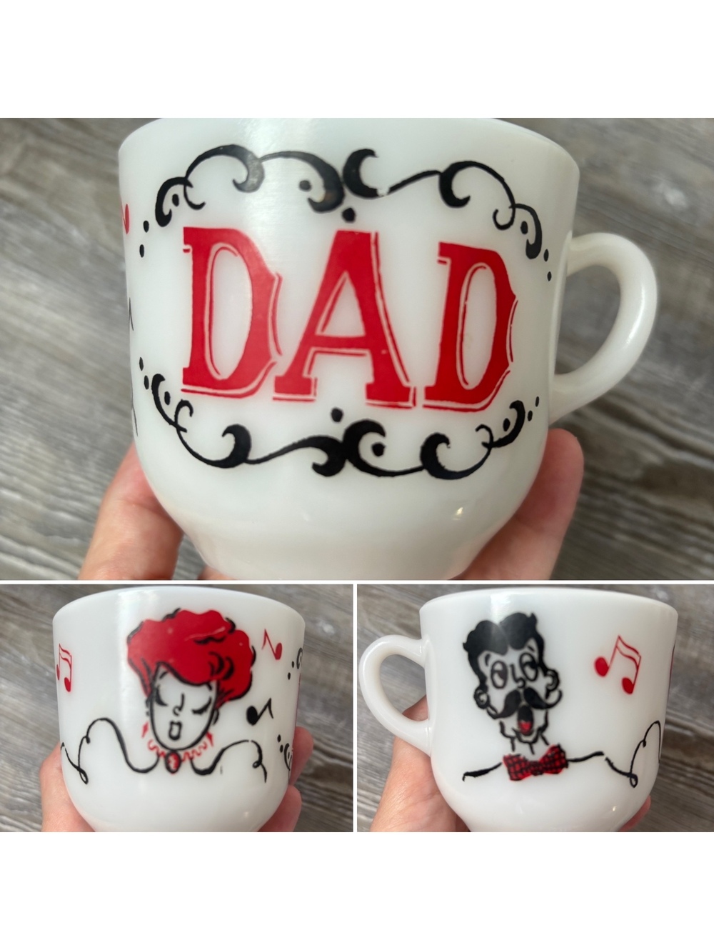 Vintage Hazel Atlas DAD Mug Milk Glass Singing Couple Mom Dad Set Replacement